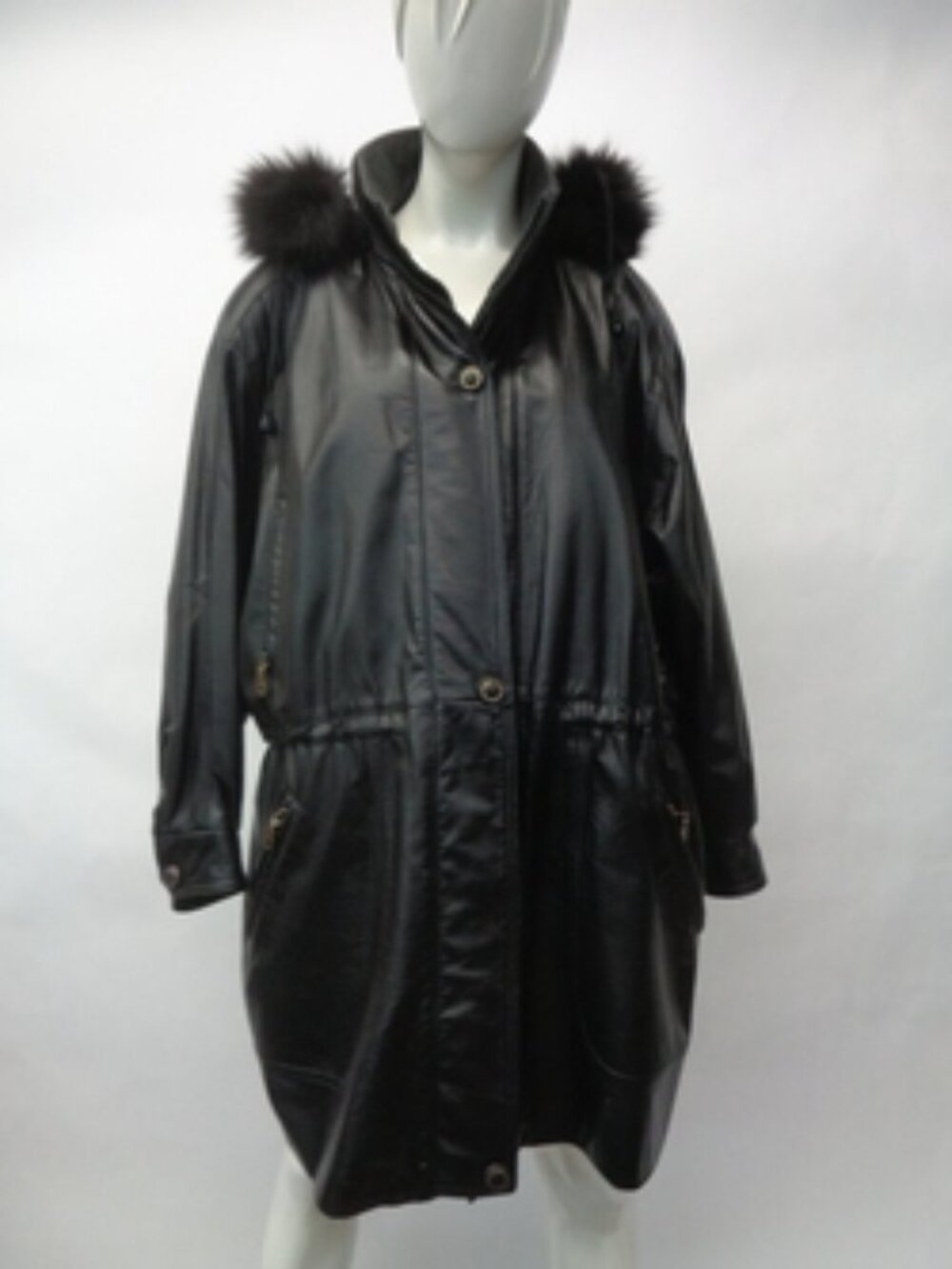 EXCELLENT BLACK LEATHER & RABBIT FUR JACKET COAT WOMEN WOMAN SIZE 10-12 W/HOOD